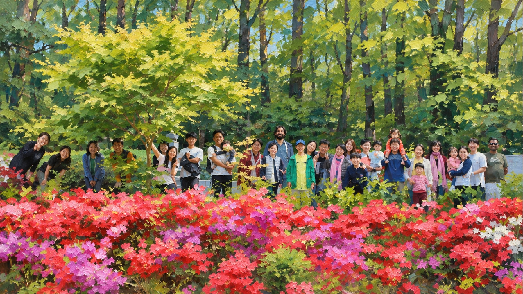 Painting of a large group of adults and children standing among trees behind a bank of red and pink azaleas.