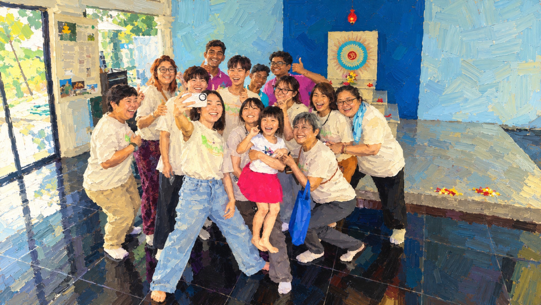 Painting of a group of smiling people in white T-shirts taking a selfie together in a blue room.