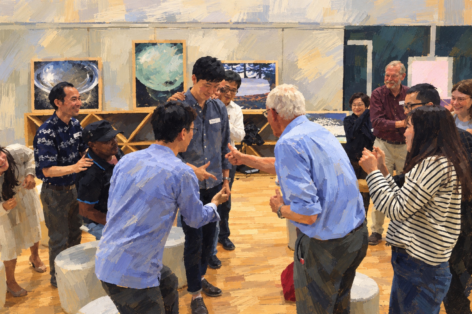Painting of an older man in a blue shirt shaking hands with a younger man in a gallery while others look on.