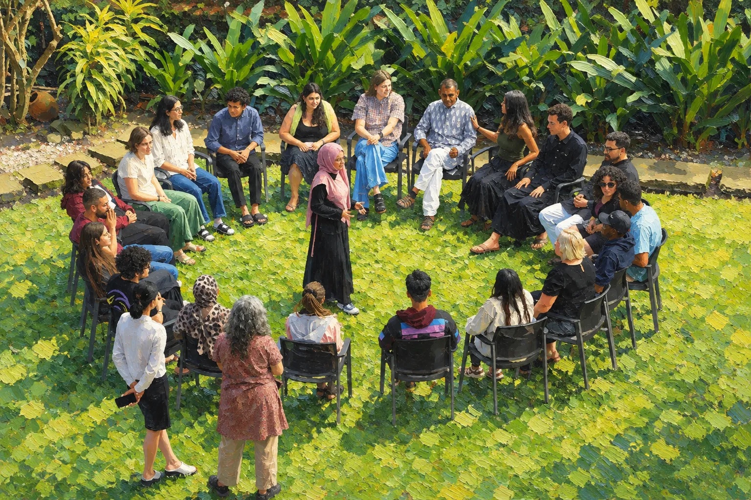 Painting of a large circle of people seated on a lawn, listening to a woman in a pink headscarf speaking in the middle.