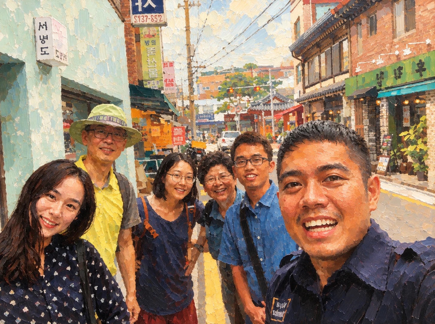 Painting of a smiling group taking a selfie on a street lined with shops.